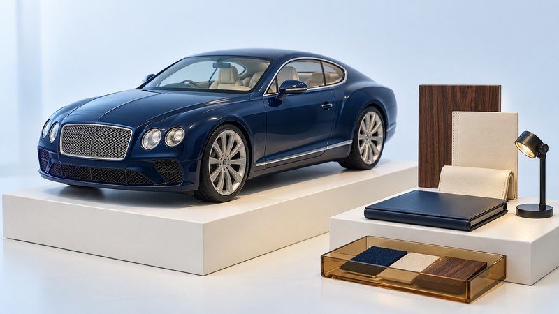 A navy grand touring coupe model sits beside wood and upholstery samples, a service binder and inspection lamp.