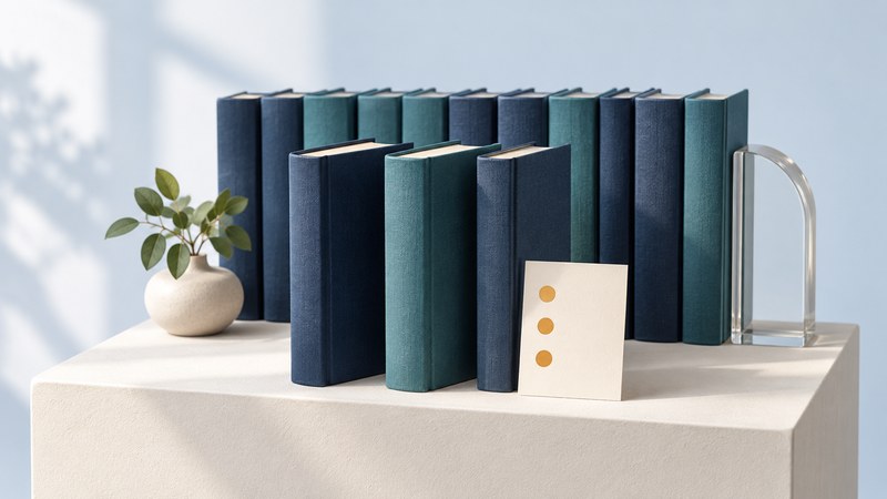 A row of navy and teal books with three selected volumes and a blank card marked by amber dots.