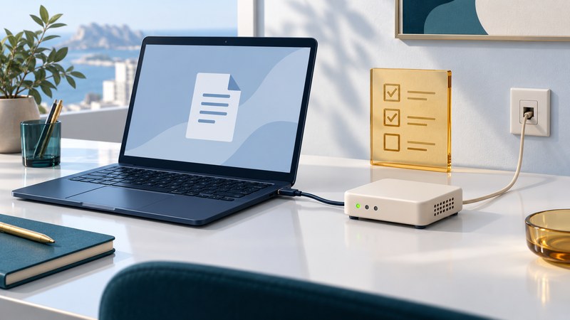 A laptop, compact external fax modem and telephone connection beside an amber checklist.