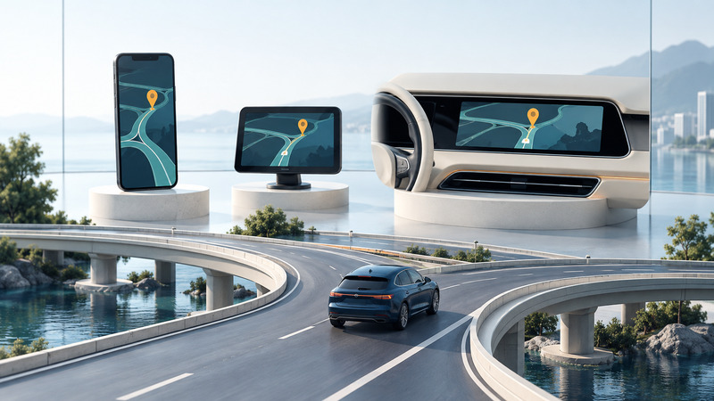 Three navigation displays overlook an ivory road interchange with a navy passenger car.
