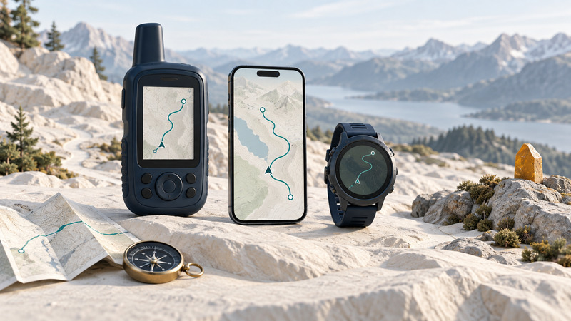 A navy handheld receiver, phone and watch stand beside a paper map and compass on pale mountain terrain.