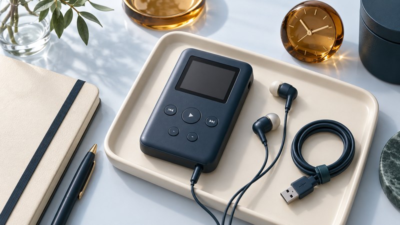 A conceptual portable music player, earbuds, USB cable, notebook and clock on an inspection tray.