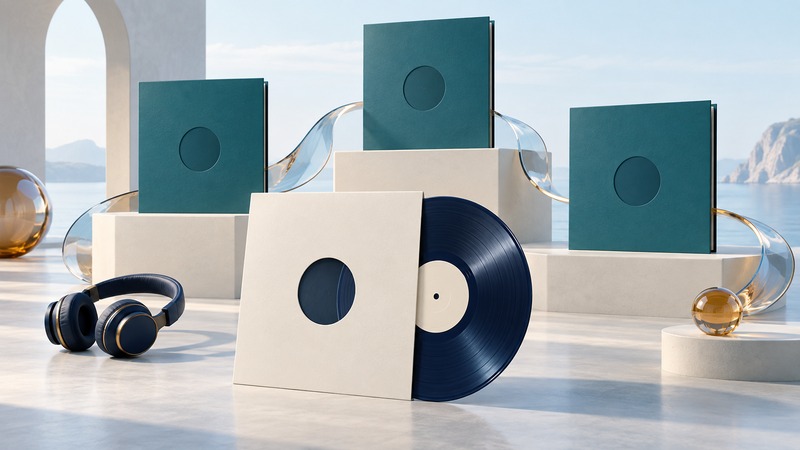 A record, unmarked album sleeves, headphones, and glass forms arranged on ivory steps.