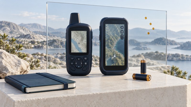 Two navy handheld receivers stand beside a notebook, batteries and a glass panel of observation points.
