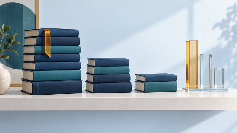 Three book stacks of different heights beside translucent glass bars.