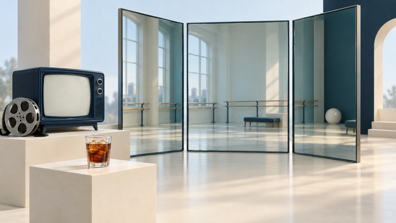 An empty mirrored studio stands behind a navy television, film reel and glass of amber cola.