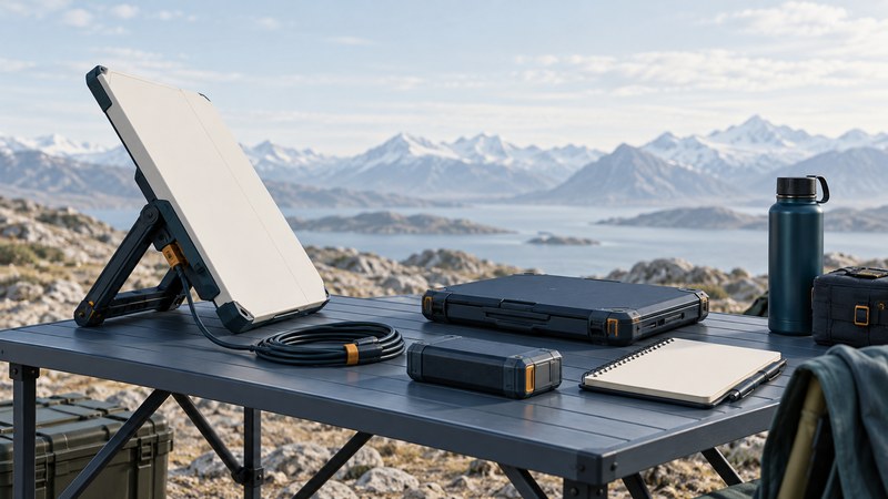 A portable flat-panel satellite terminal sits on a field table with a laptop, battery and notebook.