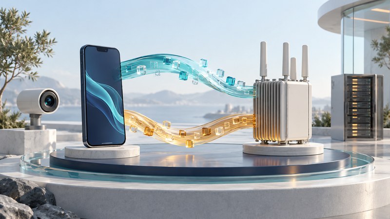 Phone and radio node connected by separate teal and amber conceptual data paths.