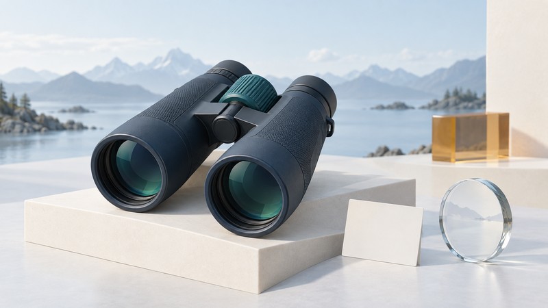 Navy binoculars with a teal focus wheel.