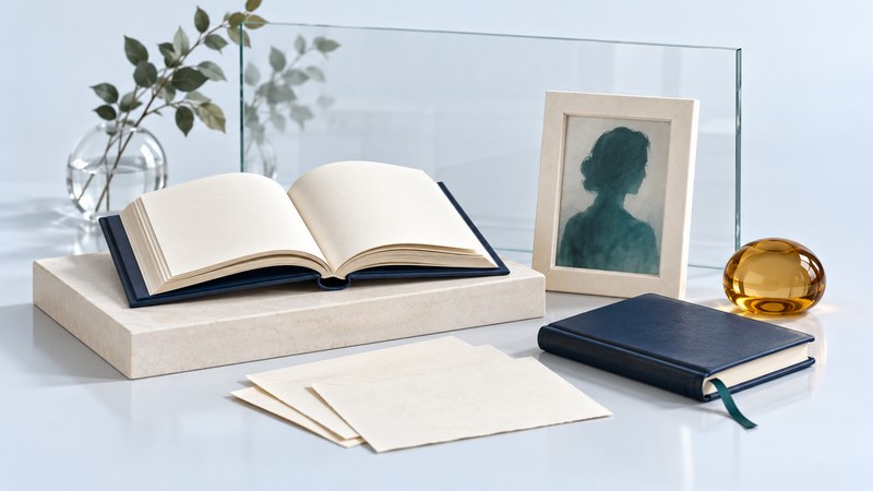 An open navy book beside a framed abstract silhouette, diary, blank letters, and amber paperweight.