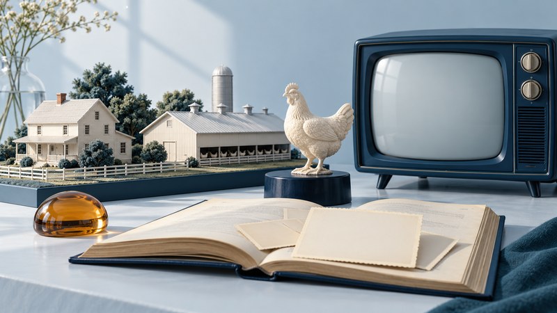A miniature farm and vintage television represent business and public image.