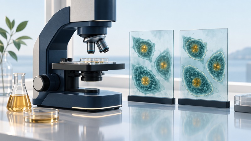 A navy microscope beside a multiwell plate and two glass panels showing cells before and after outlined image segmentation.