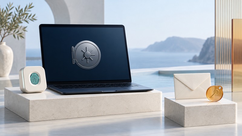 An ivory fingerprint reader beside a laptop with a vault symbol, with a separate recovery envelope and amber key token.