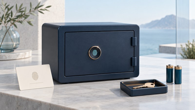 A navy safe with a small fingerprint reader beside a separate backup key, enrollment card and two batteries.
