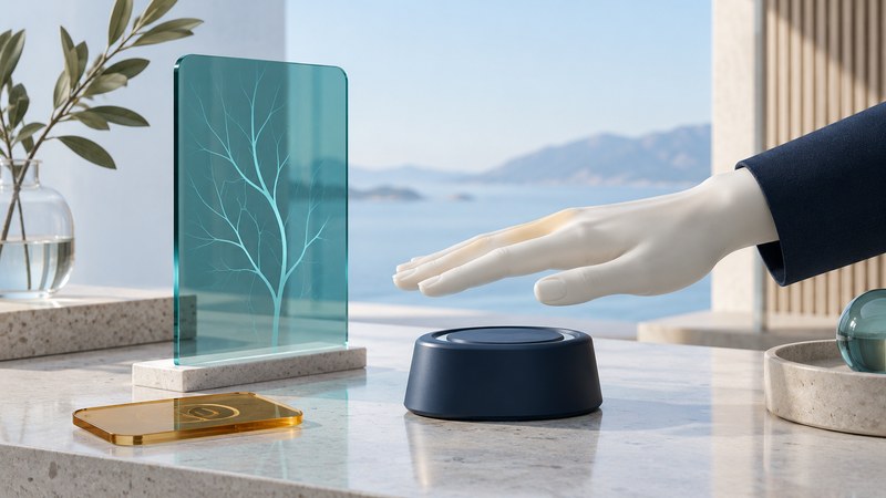 An ivory sculptural hand hovering above a navy reader beside a teal panel with an abstract branching pattern.