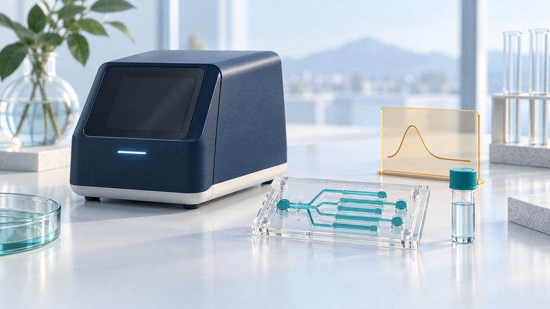 A compact laboratory reader beside a microfluidic chip, capped sample vial and unlabeled signal panel.