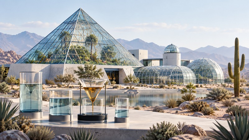 A conceptual glass research enclosure inspired by Biosphere 2 stands in desert scenery beside separate water-balance vessels.