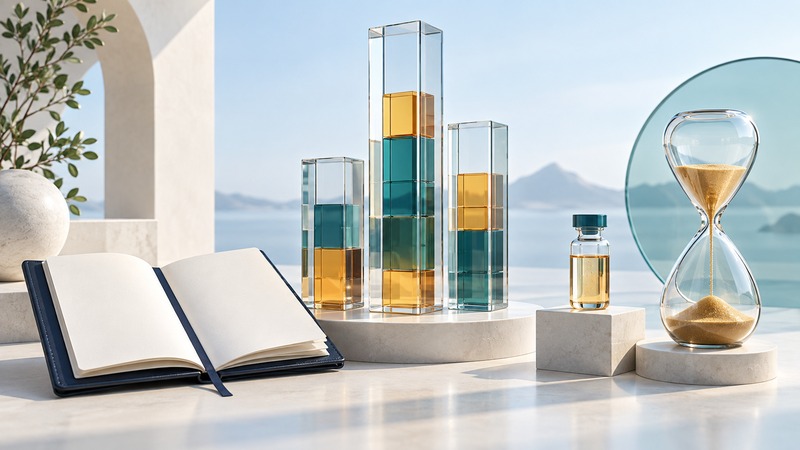 Glass towers of amber and teal blocks beside a research vial, blank notebook and hourglass.