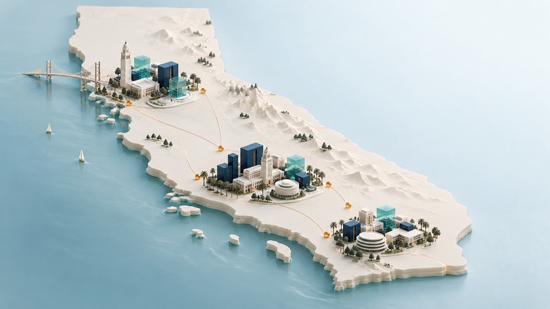 An abstract ivory map of California with three navy and teal institutional clusters linked by fine amber paths.