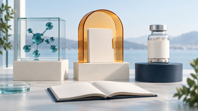 A teal molecular sculpture, amber review gate with a blank dossier, and unbranded medicine bottle on separate plinths.