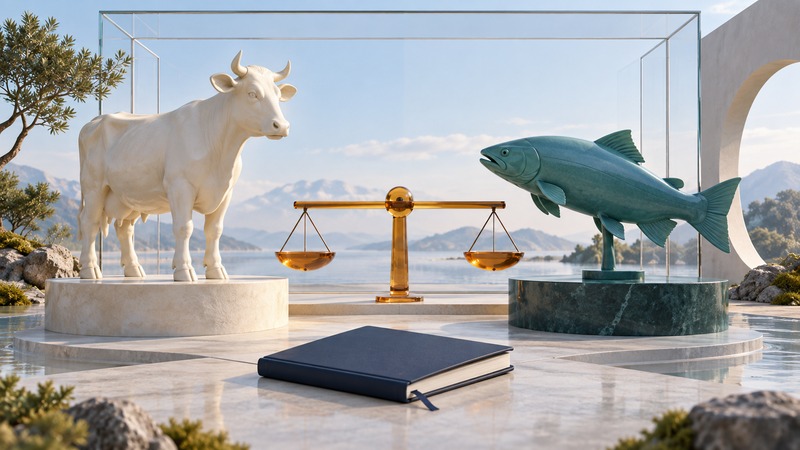 An ivory cow and teal fish on separate landscape plinths beside a glass frame, amber balance beam and blank notebook.