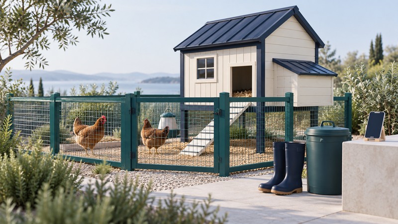 A backyard coop and hens sit behind a fence, with boots, a closed feed container, and a phone outside.