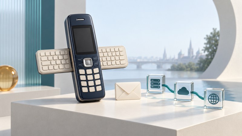 A conceptual navy candybar handset with a horizontal keyboard extending behind it, beside an envelope and linked glass service blocks.