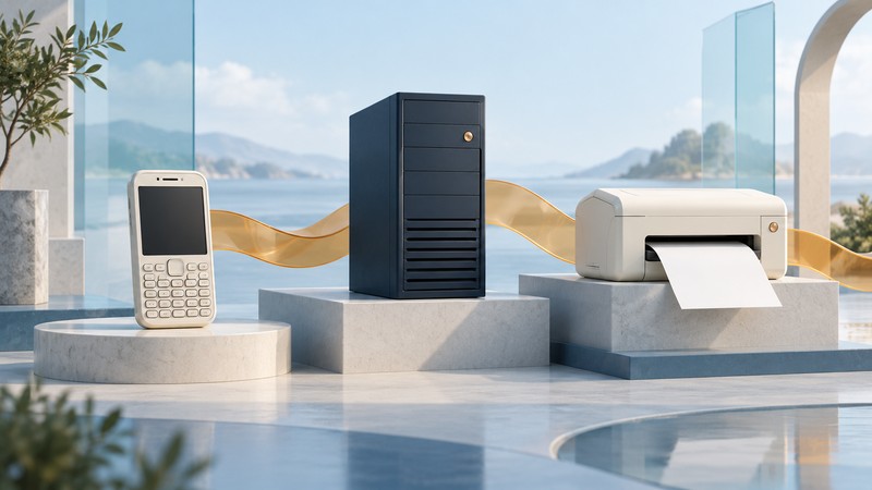 An ivory keyboard smartphone, navy server, and ivory printer stand on separate platforms with an amber ribbon behind them.