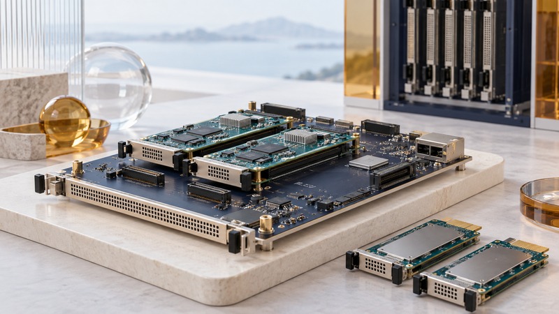 A conceptual carrier circuit board holds smaller modules beside two separate cards and a blade chassis.