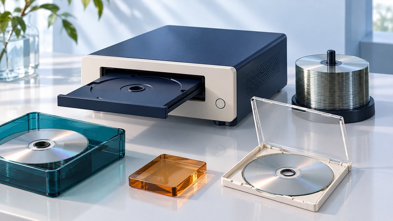 Optical disc recorder beside blank discs and a clear storage case