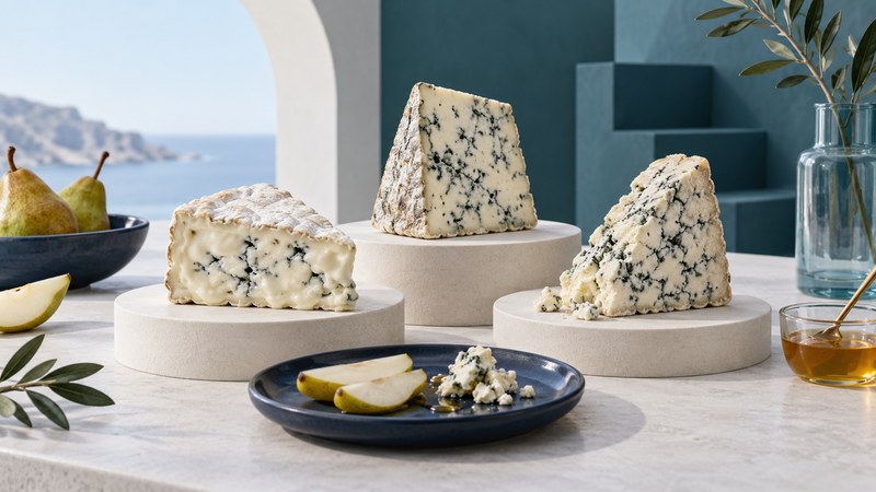 Three blue-veined cheese wedges with creamy and crumbly textures on ivory platforms.