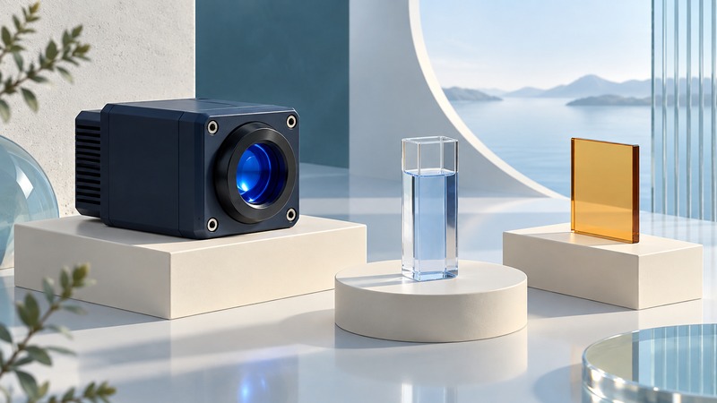 A conceptual blue optical module, transparent sample vessel and amber filter tile on separate ivory plinths.