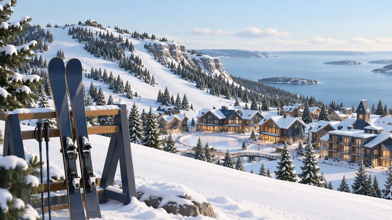 Navy skis beside a conceptual snowy escarpment, village and distant blue bay.