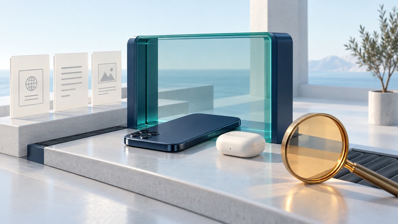 A phone and accessory face a translucent inspection gate, with document tiles and an amber lens nearby.