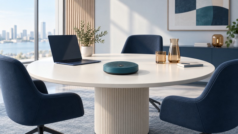 A teal speakerphone sits on a small ivory meeting table with a laptop and three empty chairs.