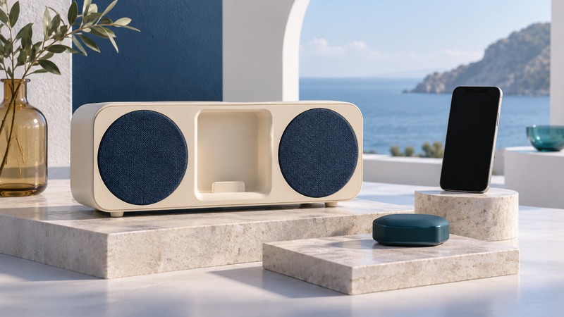 An ivory speaker dock with empty cradle stands beside a separate teal receiver and modern phone.