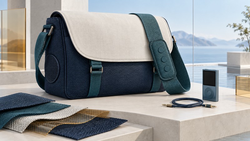 A navy and ivory messenger bag has plain teal strap controls and a side speaker grille, with a music player, cable, and fabric samples nearby.