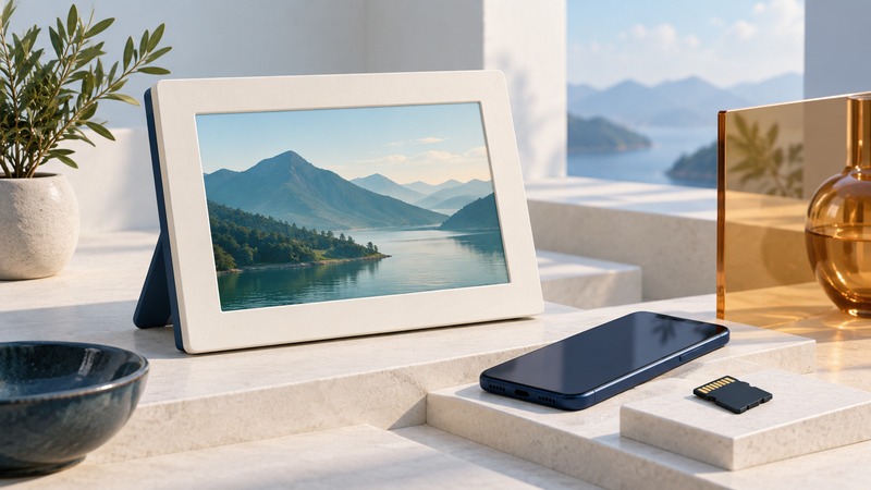 An ivory digital frame displays teal mountains beside a phone and a separate memory card.