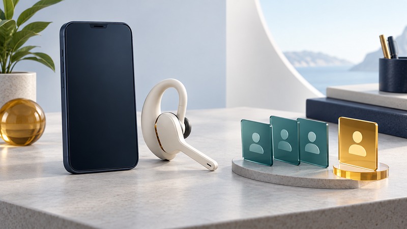 A blank-screen phone and single-ear headset stand beside teal contact cards and one amber selection tile.