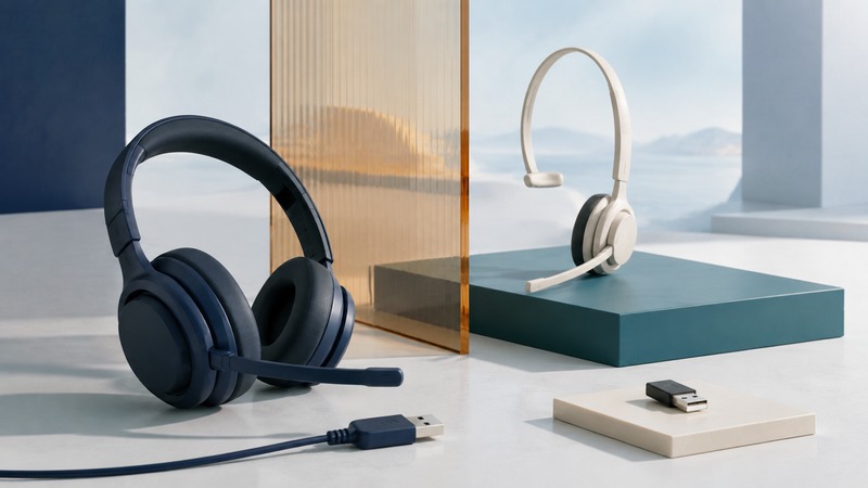 Navy over-ear headset with a boom microphone and a loose USB cable beside an ivory call headset and a separate wireless receiver.