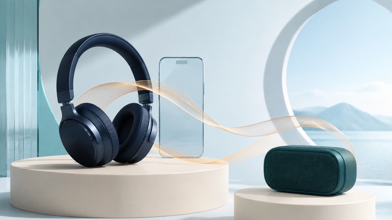 Navy headphones and a teal speaker on separate ivory pedestals beside a glass phone and amber ribbons.