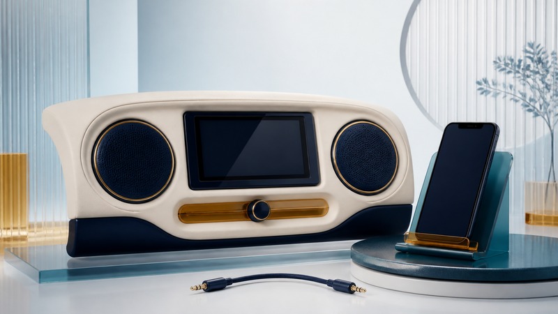 Ivory dashboard model with navy speaker grilles and a blank screen beside a phone stand and disconnected audio cable.