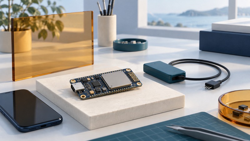 A navy development board, separate teal debug probe and phone sit on ivory laboratory plinths.