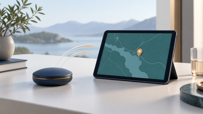 A navy external receiver puck sits beside a tablet map, linked by translucent arcs.