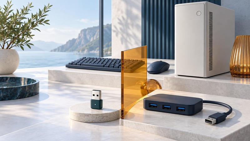 A desktop tower, keyboard and mouse stand behind a separate USB radio adapter and wired USB hub.