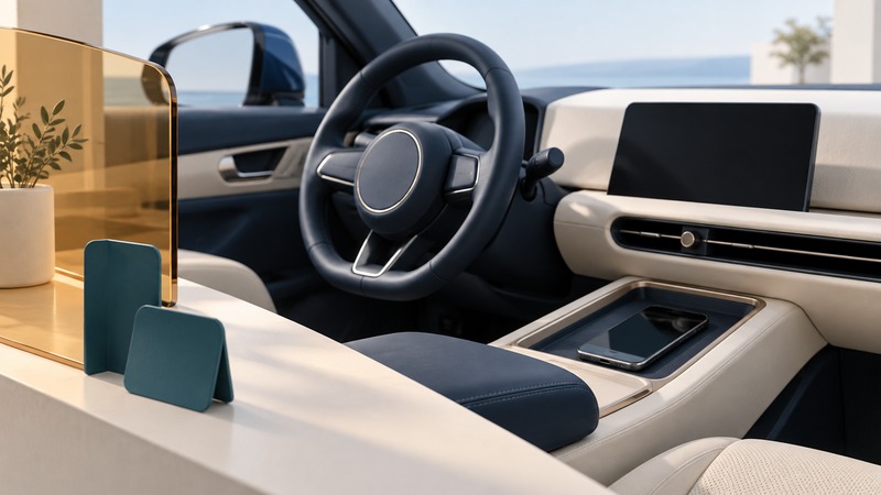 A stationary car interior contains a blank dashboard display, a phone in a tray, and conceptual contact cards behind amber glass.