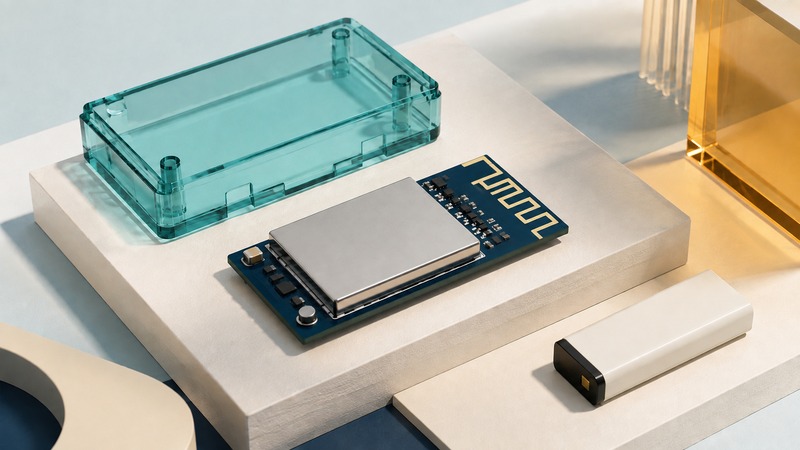 Navy embedded radio module with an unmarked metal shield and exposed printed antenna beside a teal enclosure and an ivory battery.