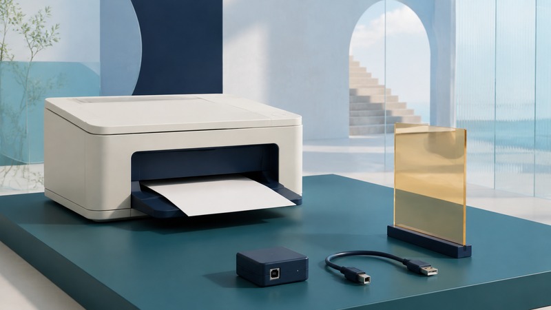 Ivory printer with a blank sheet on a teal plinth beside a small adapter and disconnected USB cable, with a glass panel behind.