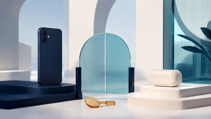 Navy phone and ivory accessory on stepped plinths separated by a teal glass gate, with an amber key in front.