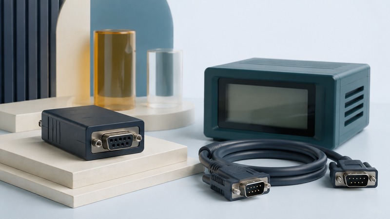 Navy serial adapter with a nine-contact connector beside a coiled cable and a teal instrument enclosure on ivory plinths.